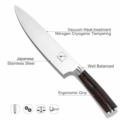 Chef knife with Japanese stainless steel and ergonomic grip.