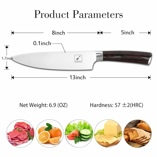 Chef knife with dimensions and suitable food types.