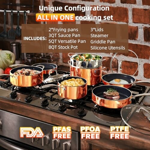 Copper cookware set on stove with various pots and pans.