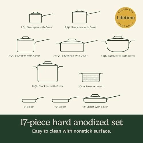 Diagram of a 17-piece hard anodized cookware set with various pots and pans.