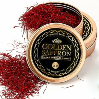 Tin of premium golden saffron with threads