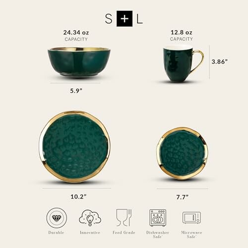 Green and gold dinnerware set with bowl, mug, and plates