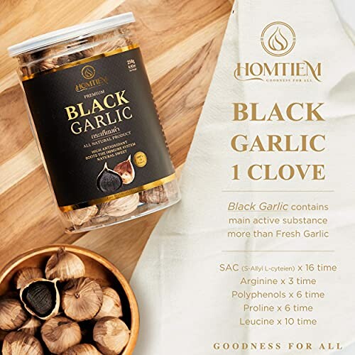 Jar of Homtiem black garlic with nutritional benefits listed.