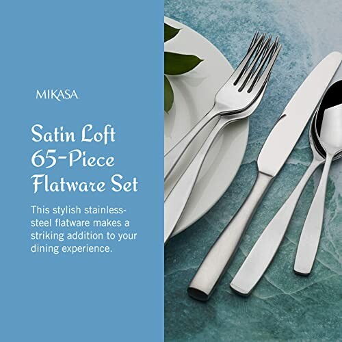 Mikasa Satin Loft 65-piece flatware set with stainless steel utensils.