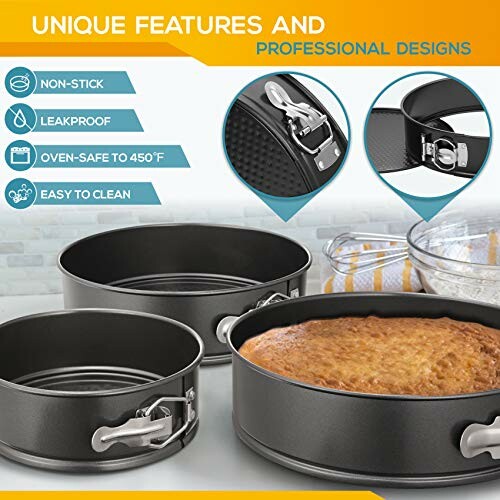 Non-stick springform bakeware set with cake, unique features listed.