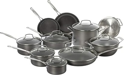 Nonstick cookware set with pots, pans, and lids.