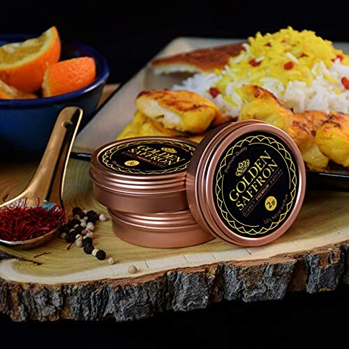 Saffron tins displayed with rice and chicken dish