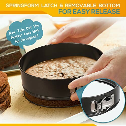 Springform pan with latch and removable bottom for easy cake release.