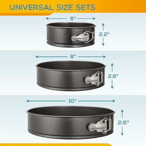 Three springform pans with sizes 6, 8, and 10 inches.