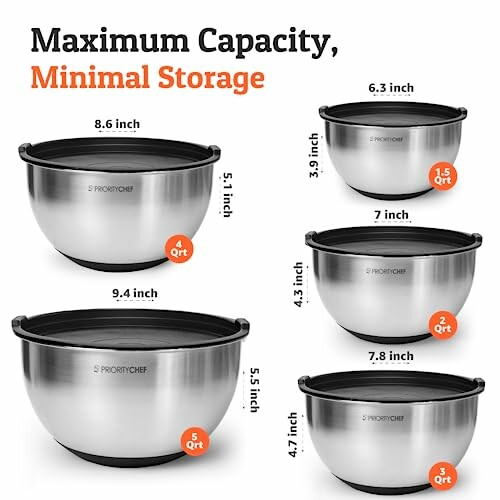 Set of stackable stainless steel bowls with lids in various sizes.