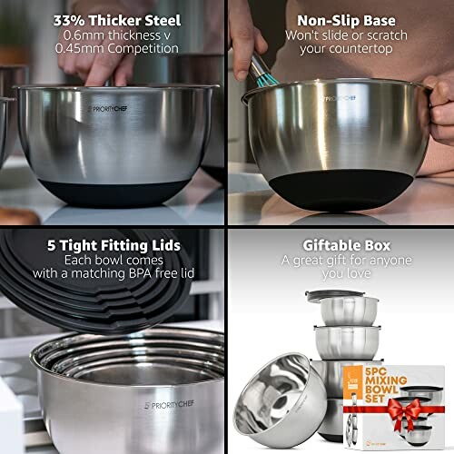 Set of stainless steel mixing bowls with lids and giftable box.