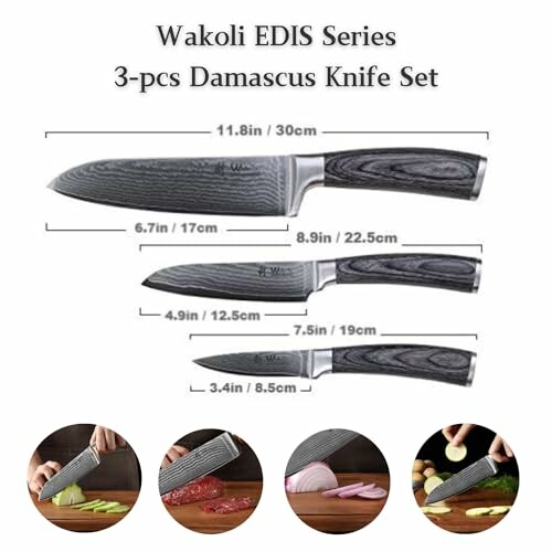 Wakoli EDIS Series 3-piece Damascus knife set with measurements