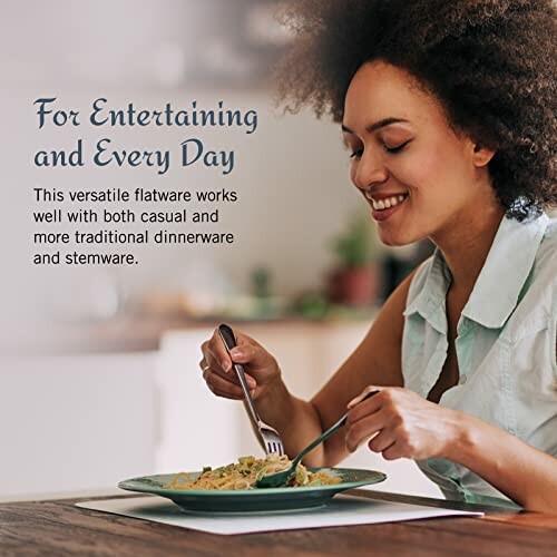 Woman enjoying a meal with flatware for entertaining and everyday use.